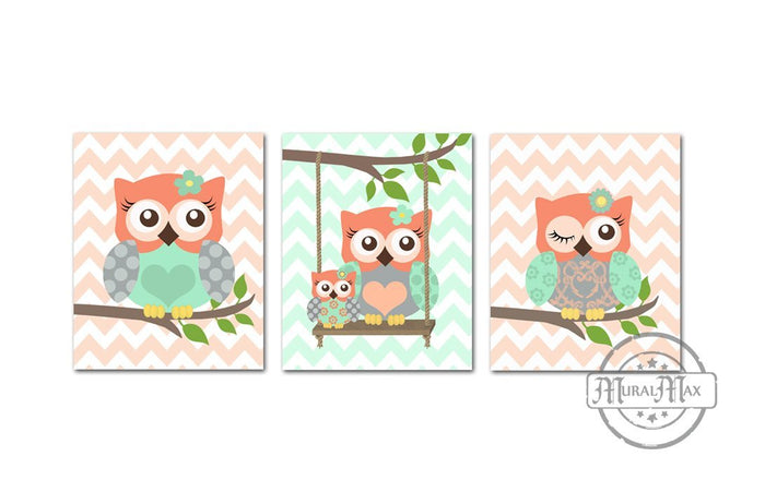 Owl Family Nursery Art Prints - Coral Mint Nursery Decor - Set of 3 - Unframed Prints