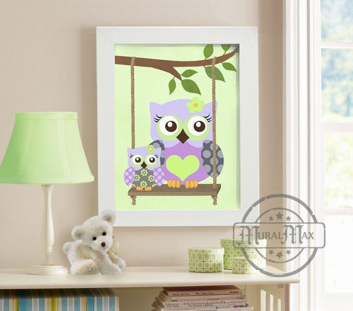 Owl Family Nursery Decor - Unframed Print-Purple Green Wall Art