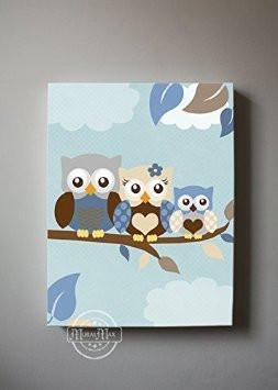 Owl Family of 3 Boys Room Decor - Brown Blue Baby Owl Canvas Wall Art-MuralMax Interiors