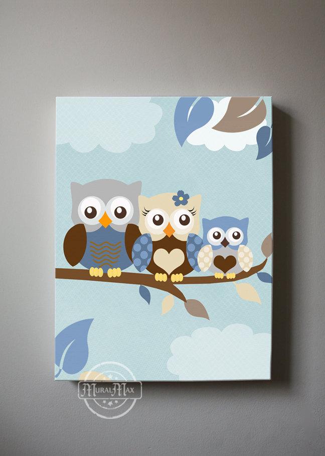 Owl Family of 3 Boys Room Decor - Brown Blue Baby Owl Canvas Wall Art