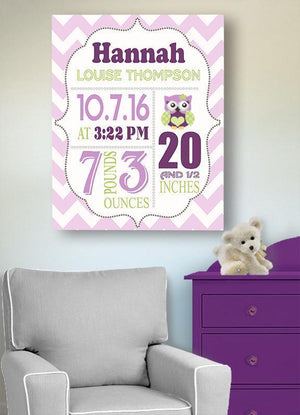 Owl Girl Room Decor - Birth Announcement Canvas Wall Art - Personalized Baby Gift- Baby KeepsakeBaby ProductMuralMax Interiors