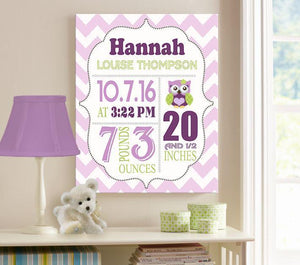 Owl Girl Room Decor - Birth Announcement Canvas Wall Art - Personalized Baby Gift- Baby KeepsakeBaby ProductMuralMax Interiors