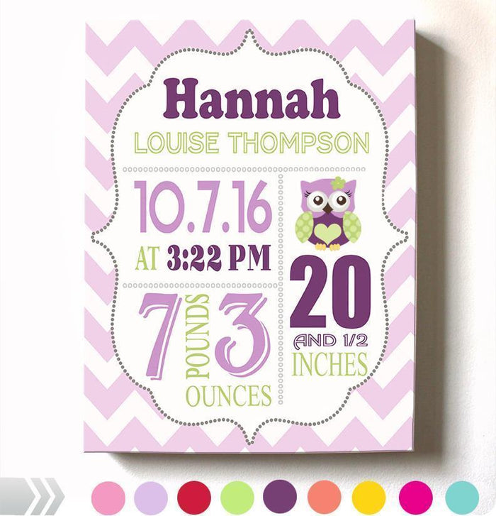Owl Girl Room Decor - Birth Announcement Canvas Wall Art - Personalized Baby Gift- Baby Keepsake