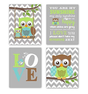 Owl & Love Nursery Art - You Are My Sunshine Collection - Unframed Prints - Set of 4-Aqua Brown Gray Nursery Art-MuralMax Interiors