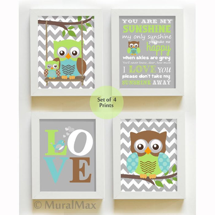 Owl & Love Nursery Art - You Are My Sunshine Collection - Unframed Prints - Set of 4-Aqua Brown Gray Nursery Art