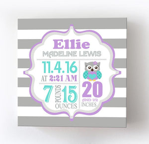 Owl Nursery Baby Birth Stats Girl Nursery Wall Art - New Baby Birth Announcement GiftsBaby ProductMuralMax Interiors