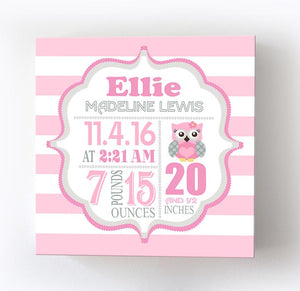 Owl Nursery Baby Birth Stats Girl Nursery Wall Art - New Baby Birth Announcement GiftsBaby ProductMuralMax Interiors