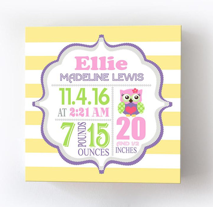 Owl Nursery Baby Birth Stats Girl Nursery Wall Art - New Baby Birth Announcement Gifts