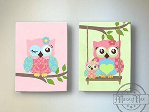 Owl Nursery Decor - Baby Girl Owl Room Decor - Set of 2-Baby Pink Nursery Art-MuralMax Interiors