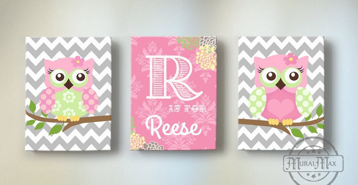 Owl Nursery Decor - Personalized Owl Family On A Branch - Pink Green Canvas Decor - Set of 3