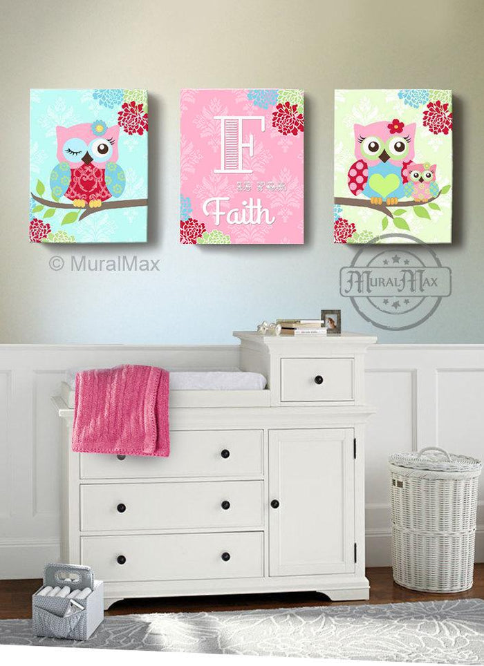 Owl Wall Art - Personalized Floral Owl Canvas Art Decor - Set of 3-Pink Green Baby Nursery