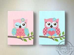 Owl Wall Decor - Baby Girl Room or Nursery Art - Set of 2 Canvas Art-MuralMax Interiors