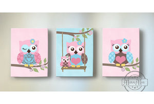 Owls Canvas Decor - Pink & Blue Girl Nursery Art - Owl Collection-MuralMax Interiors