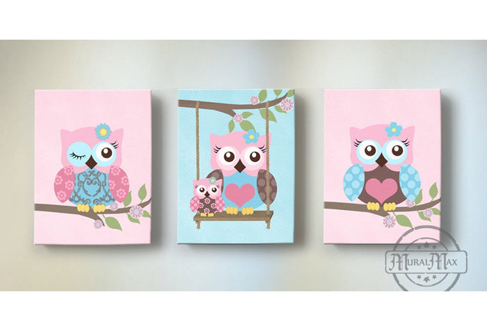 Owls Canvas Decor - Pink & Blue Girl Nursery Art - Owl Collection