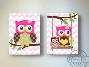 Owls Canvas Nursery Decor - Hot Pink Brown Girl Room Decor - Set of 2-MuralMax Interiors