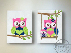 Owls Girl Room Decor - Hot Pink Navy Canvas Art -The Owl Collection - Set of 2-MuralMax Interiors