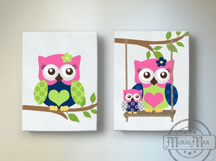 Owls Girl Room Decor - Hot Pink Navy Canvas Art -The Owl Collection - Set of 2