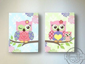 Owls Nursery - Owl Girl Room Canvas Decor - Woodland Owl Decor - Set of 2-MuralMax Interiors