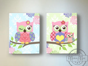 Owls Nursery - Owl Girl Room Canvas Decor - Woodland Owl Decor - Set of 2-MuralMax Interiors