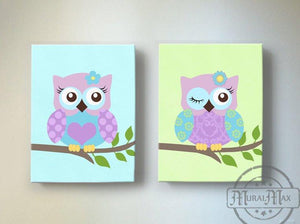 Owls On Swing Canvas Nursery Decor - Purple Owl Baby Girl Nursery Art - Set of 2-MuralMax Interiors
