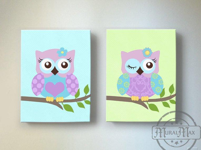 Owls On Swing Canvas Nursery Decor - Purple Owl Baby Girl Nursery Art - Set of 2