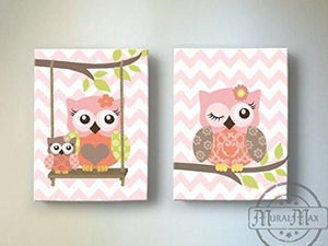 Owls Swinging From A Branch - Chevron Canvas Decor - The Owl Collection - Set of 2-B018GT952A-MuralMax Interiors