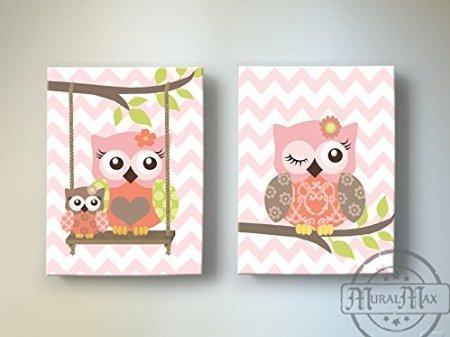 Owls Swinging From A Branch - Chevron Canvas Decor - The Owl Collection - Set of 2-B018GT952A