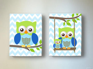 Owls Toddle Boys Room Decor - Canvas Art -Blue Green Nursery Art-MuralMax Interiors