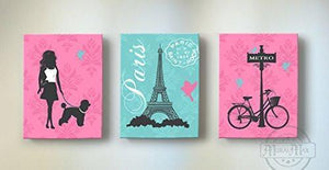 Paris - Eiffel Tower - Walk My Dog Theme - The Canvas Paris Collection - Set of 3-B019015PO0-MuralMax Interiors