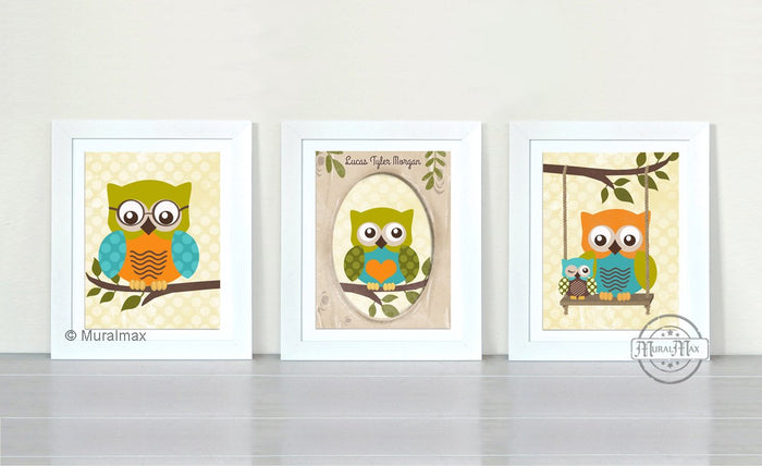 Personalized Abstract Polka Dot Owl Nursery Print - Unframed Print - Set of 3
