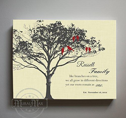 Personalized Anniversary Gift - Family Tree & Lovebirds Canvas Wall Art Memorable, Unique Wall Decor - Light Yellow - B01M11T4TV