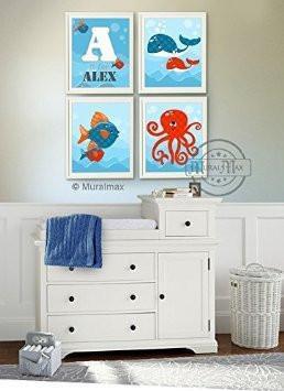 Personalized Art For Children - Whimsical Ocean Life Friends - Unframed Prints - Set of 4-B018KOB9J8-MuralMax Interiors