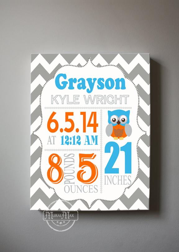 Personalized Baby Boy Nursery Art Birth Announcements - Modern Chevron Owl Nursery Decor - Baby Keepsake Canvas Wall Art