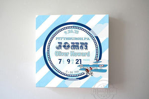 Personalized Baby Gift Birth Announcements For Boy Nursery - Modern Stripes Airplane Nursery Decor - (Blue) - Stretched Canvas - B019017DCW-MuralMax Interiors