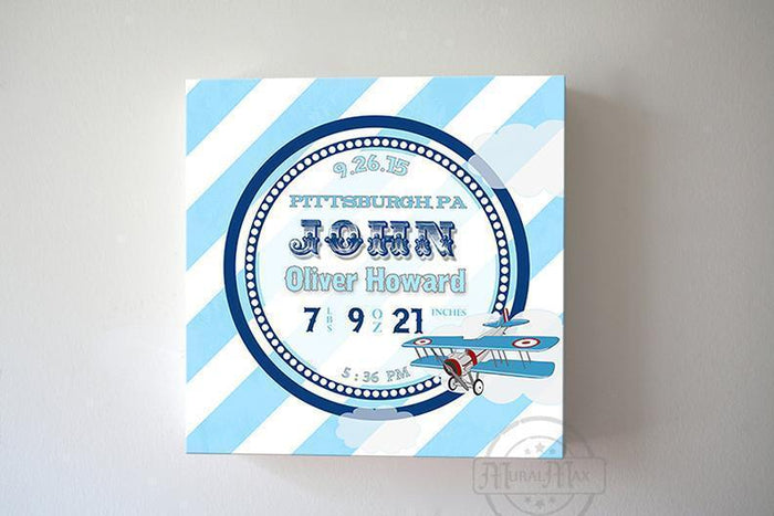 Personalized Baby Gift Birth Announcements For Boy Nursery - Modern Stripes Airplane Nursery Decor - (Blue) - Stretched Canvas - B019017DCW