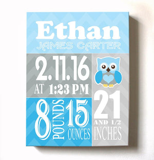 Personalized Baby Gift Birth Announcements For Boy - Owl Nursery Decor Nursery Wall ArtBaby ProductMuralMax Interiors