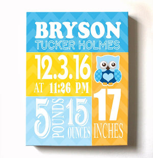Personalized Baby Gift Birth Announcements For Boy - Owl Nursery Decor Nursery Wall ArtBaby ProductMuralMax Interiors