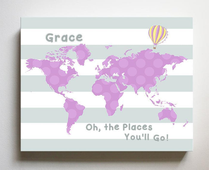 Personalized Baby Girl Dr Seuss Nursery Decor - Striped Canvas World Map Collection - Oh The Places You'll Go-B018ISNPYS
