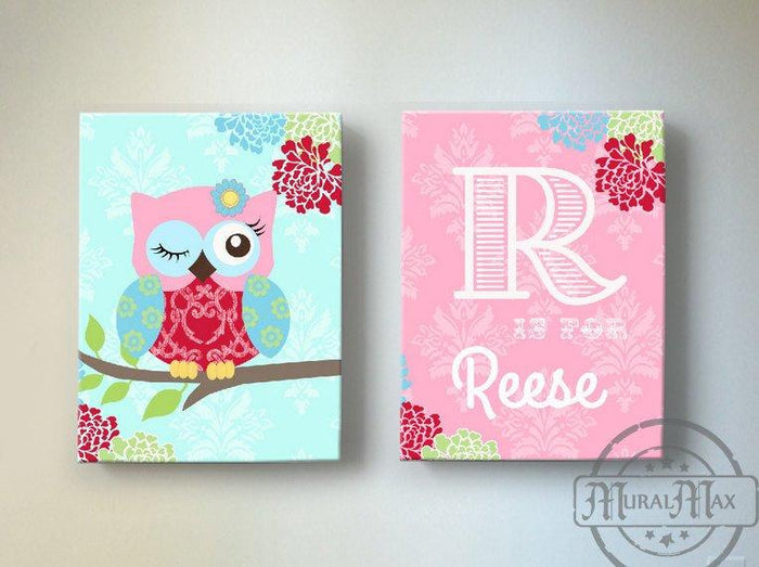 Personalized Baby Girl Nursery Art - Floral Owl Canvas Art Decor - Set of 2