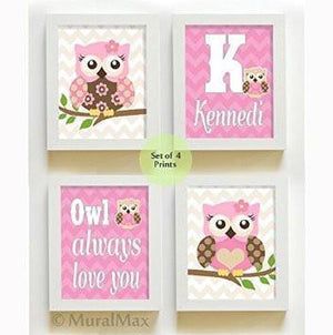 Personalized Baby Girl Nursery Art - Owls Always Love You Chevron - Unframed Prints - Set of 4-MuralMax Interiors