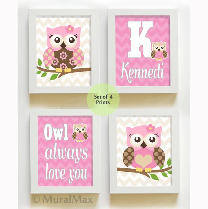 Personalized Baby Girl Nursery Art - Owls Always Love You Chevron - Unframed Prints - Set of 4
