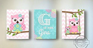 Personalized Baby Girl Room Decor - Chevron Owl Family Canvas Wall Art - Set of 3-Pink aqua Decor-MuralMax Interiors