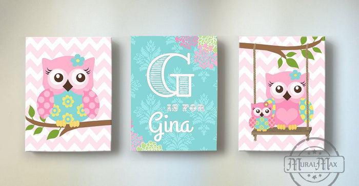 Personalized Baby Girl Room Decor - Chevron Owl Family Canvas Wall Art - Set of 3-Pink aqua Decor