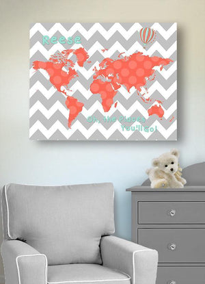 Personalized Baby Girl Wall Decor - Dr Seuss Nursery Decor - Chevron Canvas World Map Collection - Oh The Places You'll Go-B071W2RK6Y-MuralMax Interiors