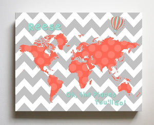 Personalized Baby Girl Wall Decor - Dr Seuss Nursery Decor - Chevron Canvas World Map Collection - Oh The Places You'll Go-B071W2RK6Y-MuralMax Interiors