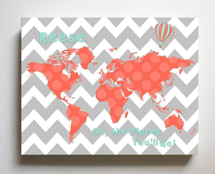 Personalized Baby Girl Wall Decor - Dr Seuss Nursery Decor - Chevron Canvas World Map Collection - Oh The Places You'll Go-B071W2RK6Y