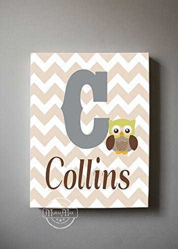 Personalized Baby Name Owl Nursery Art - Canvas Owl Decor in Brown Tan Olive