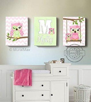 Personalized Baby Pink Owl Girl Nursery Decor - Whimsical Owl Collection - Set of 3-MuralMax Interiors