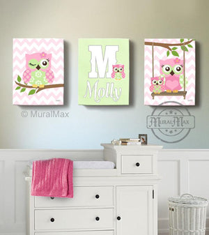 Personalized Baby Pink Owl Girl Nursery Decor - Whimsical Owl Collection - Set of 3-MuralMax Interiors