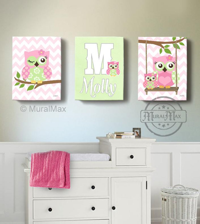 Personalized Baby Pink Owl Girl Nursery Decor - Whimsical Owl Collection - Set of 3